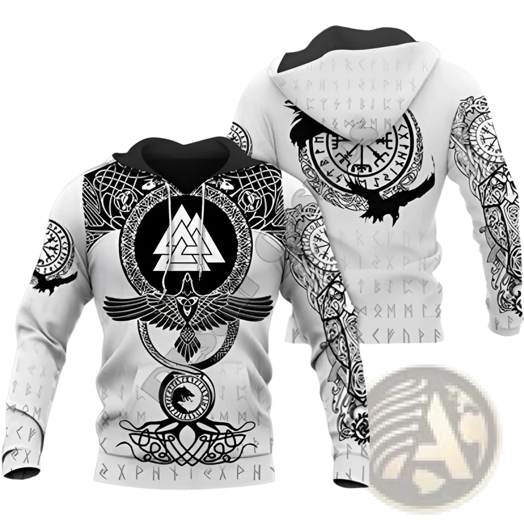 White zip up hoodie with intricate black norse designs featuring a valknut symbol ravens and scattered runes