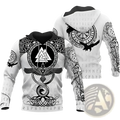 White zip up hoodie with intricate black norse designs featuring a valknut symbol ravens and scattered runes