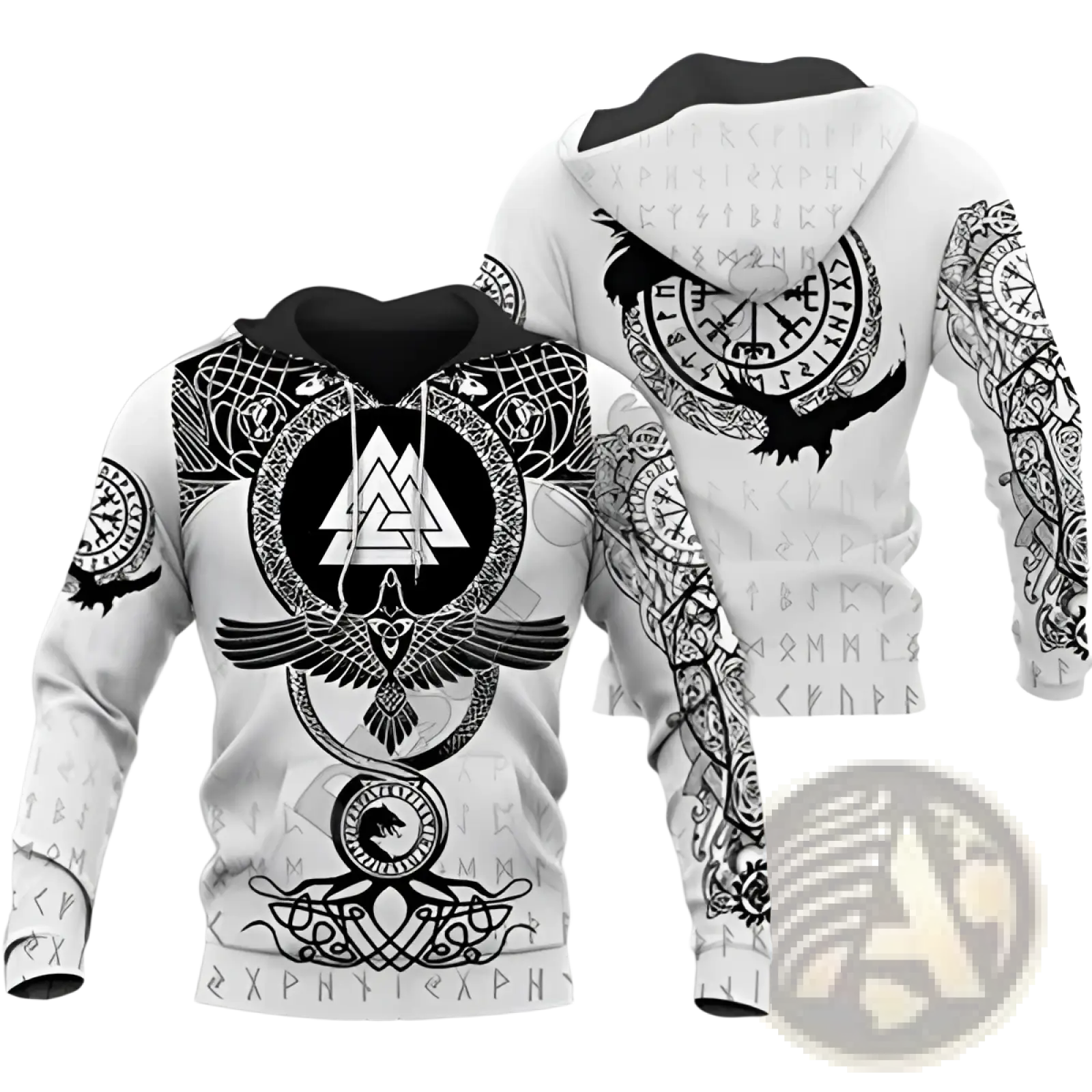 White zip up hoodie with intricate black norse designs featuring a valknut symbol ravens and scattered runes