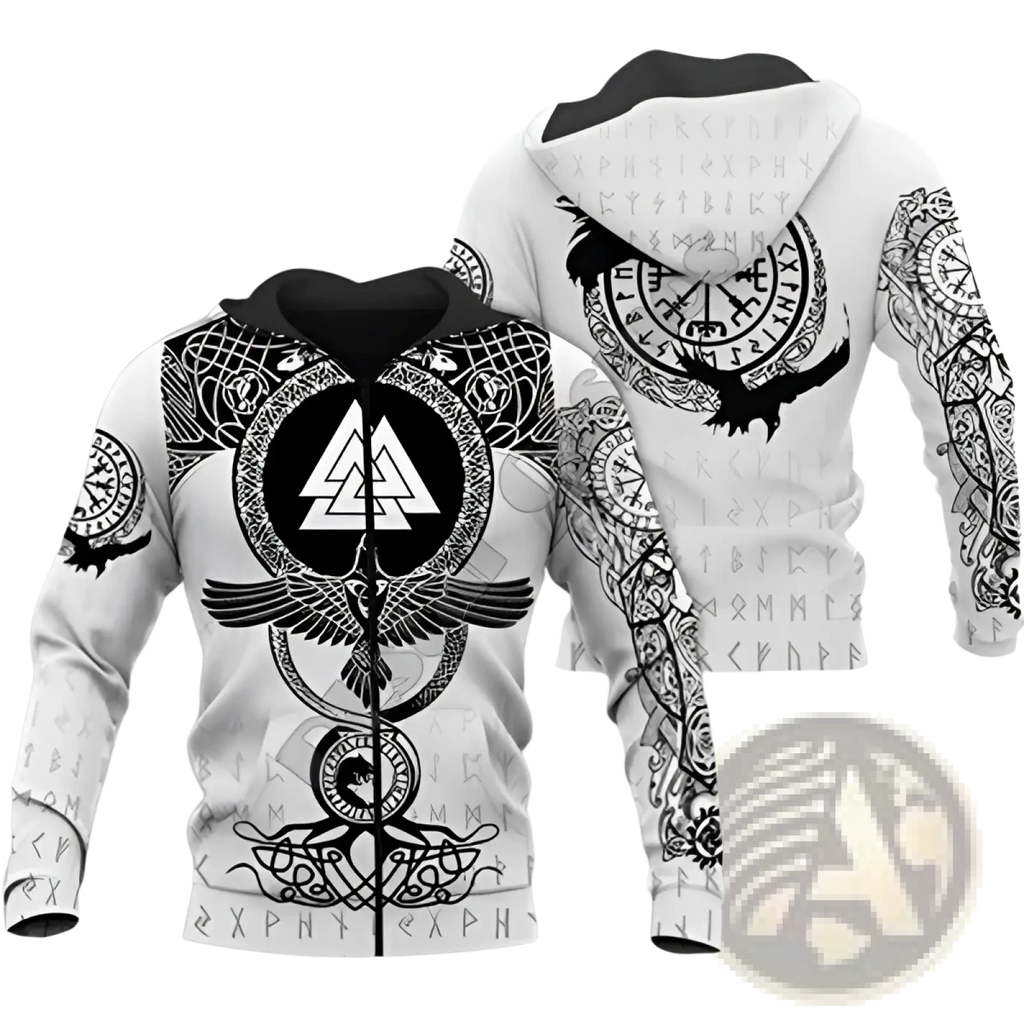 White zip-up hoodie with intricate black norse valknut and eagle 3d print design on front and back sides