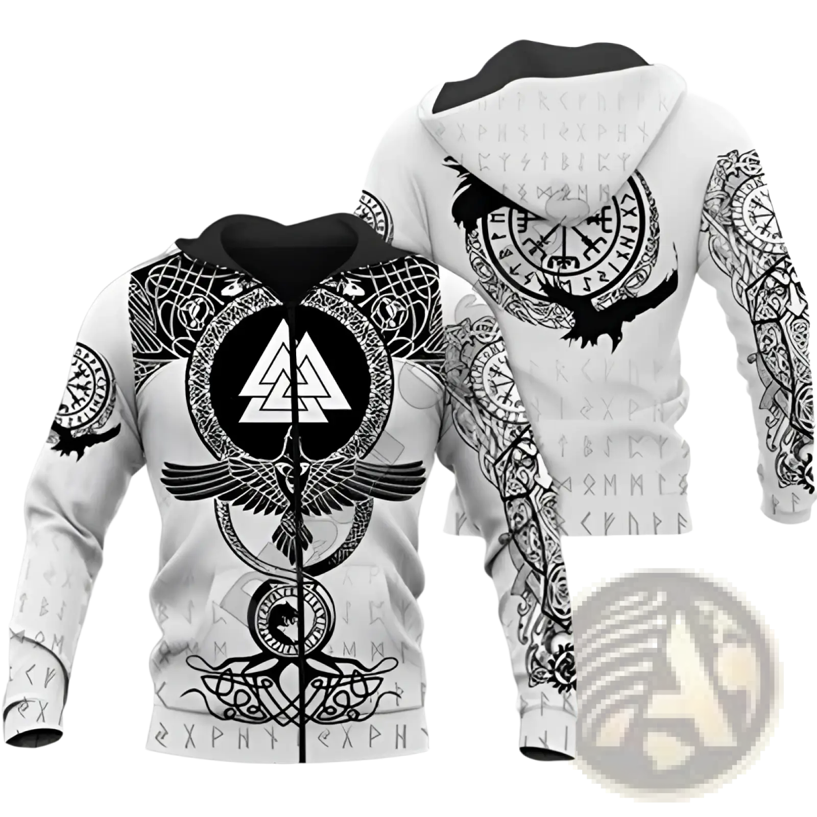 White zip-up hoodie with intricate black norse valknut and eagle 3d print design on front and back sides