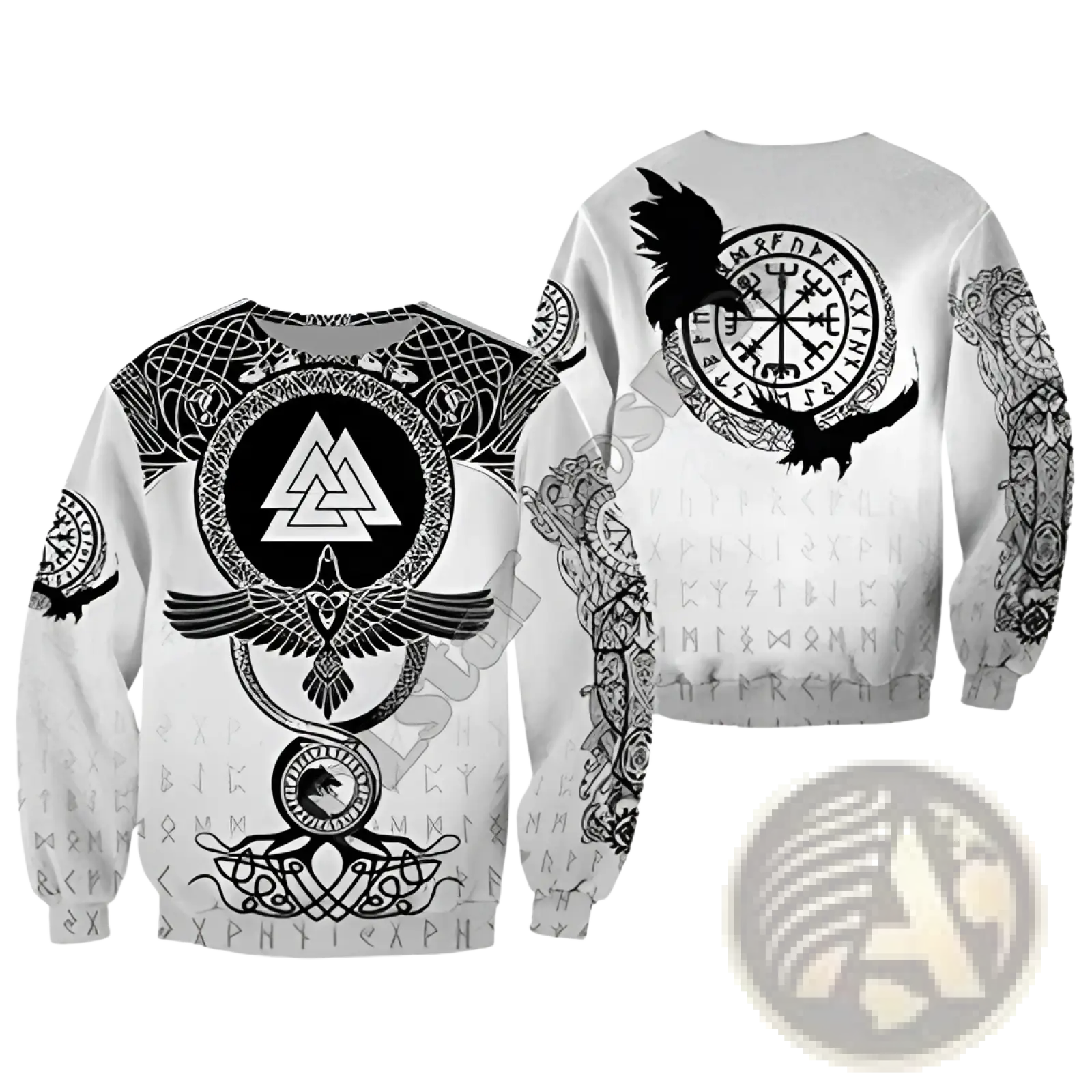 White long-sleeved sweatshirt with intricate black Norse Valknut, ravens, and runes designs on front and back