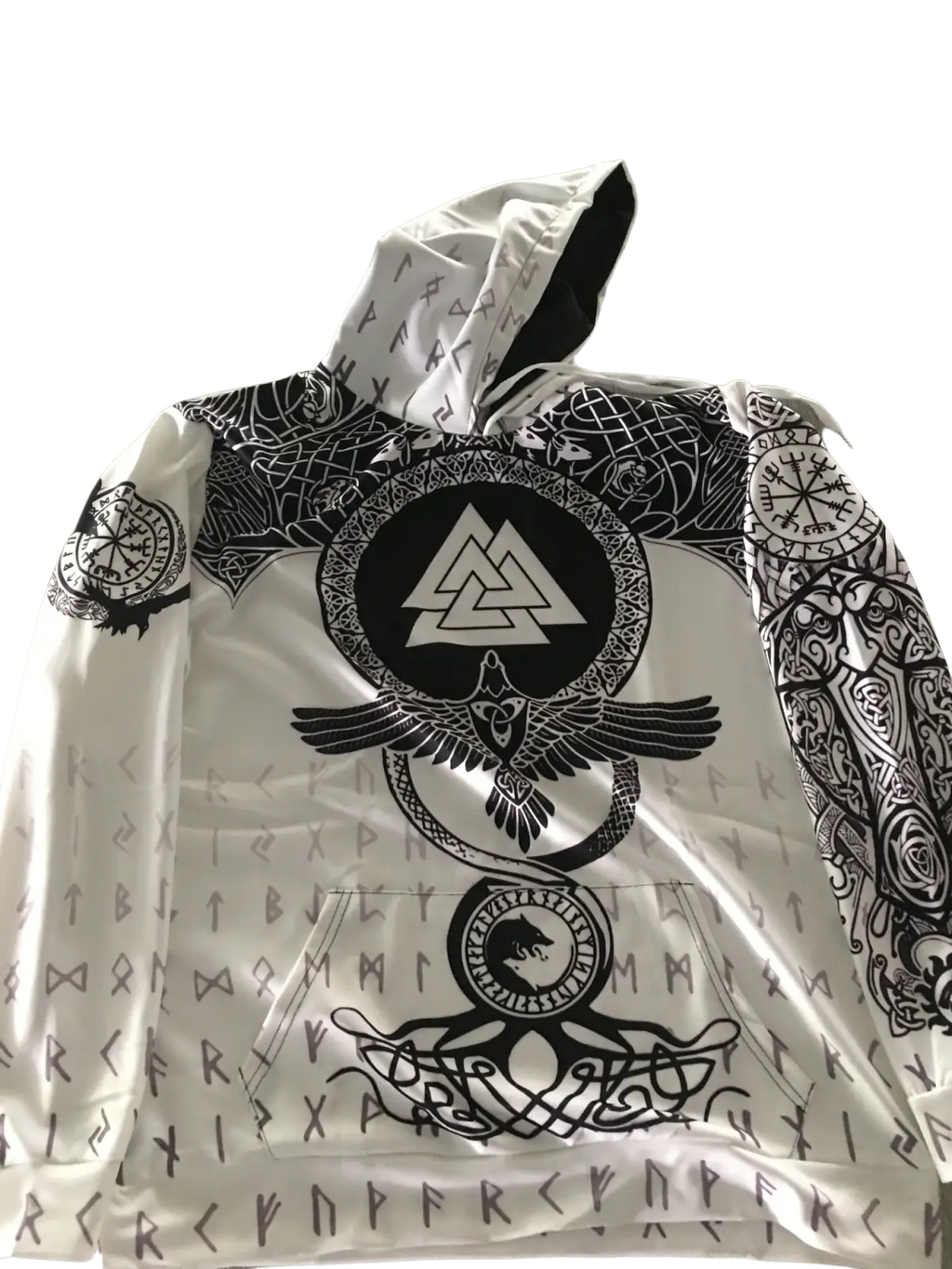White zip up hoodie with black norse-inspired valknut graphic encircled by eagle and runes on the front