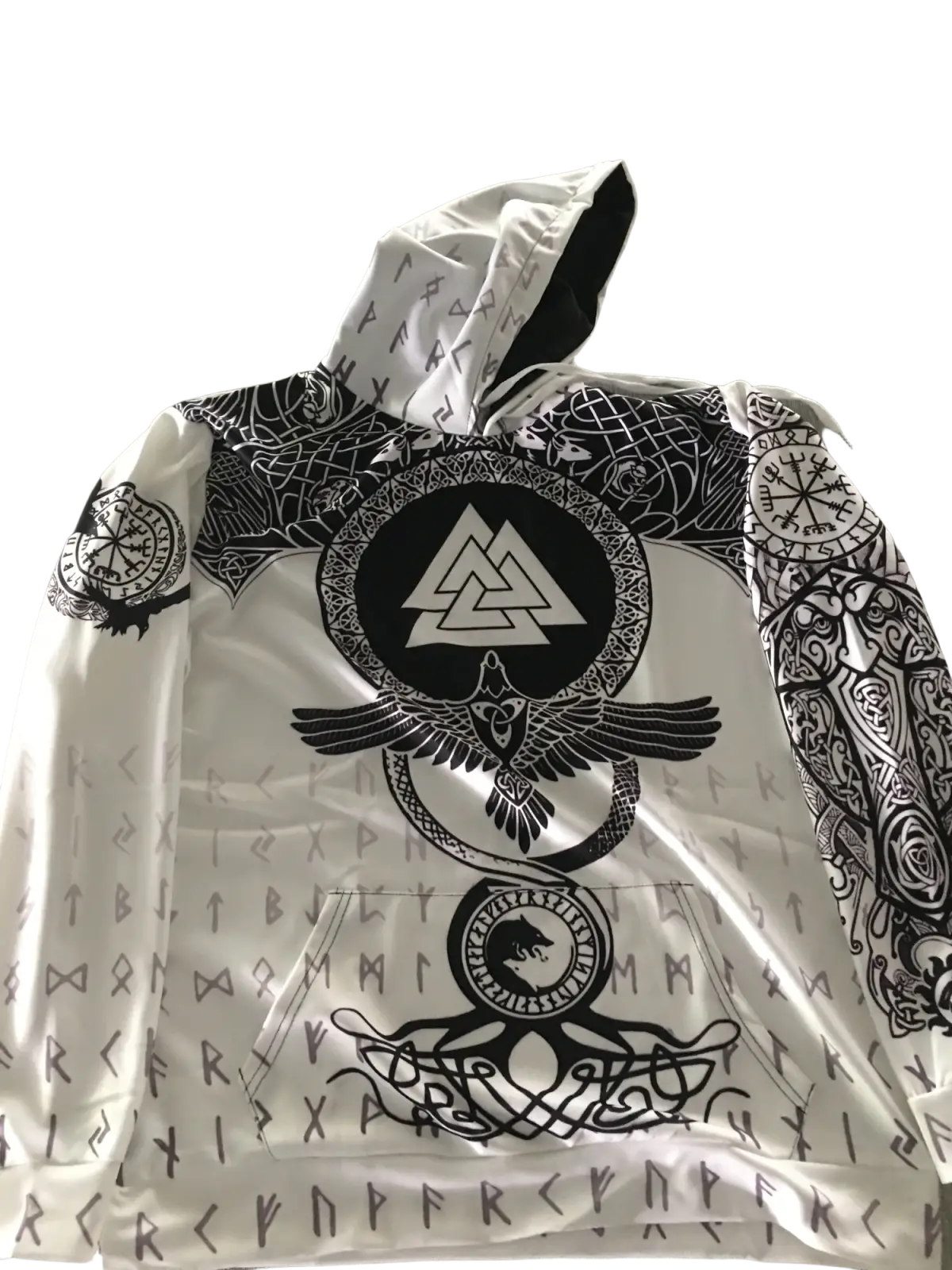 White zip up hoodie with black norse-inspired valknut graphic encircled by eagle and runes on the front