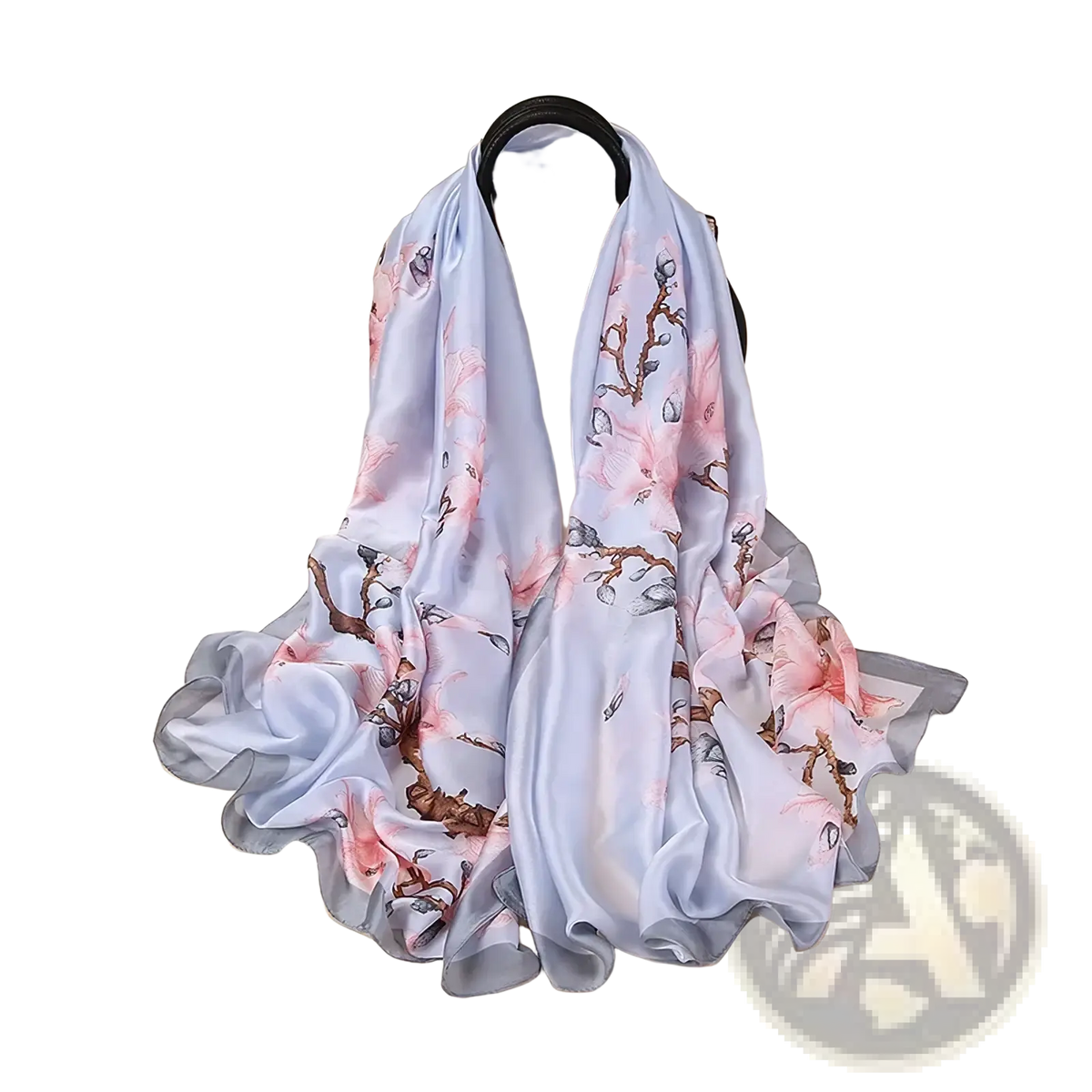 Light blue silk Van Gogh Almond Blossom scarf with delicate pink cherry blossom and brown branch pattern