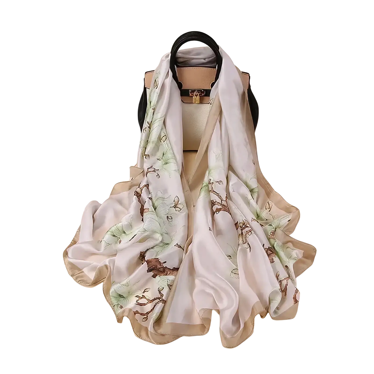 A delicate cream-colored van gogh almond blossom silk scarf with soft green and brown floral pattern and flowing edges