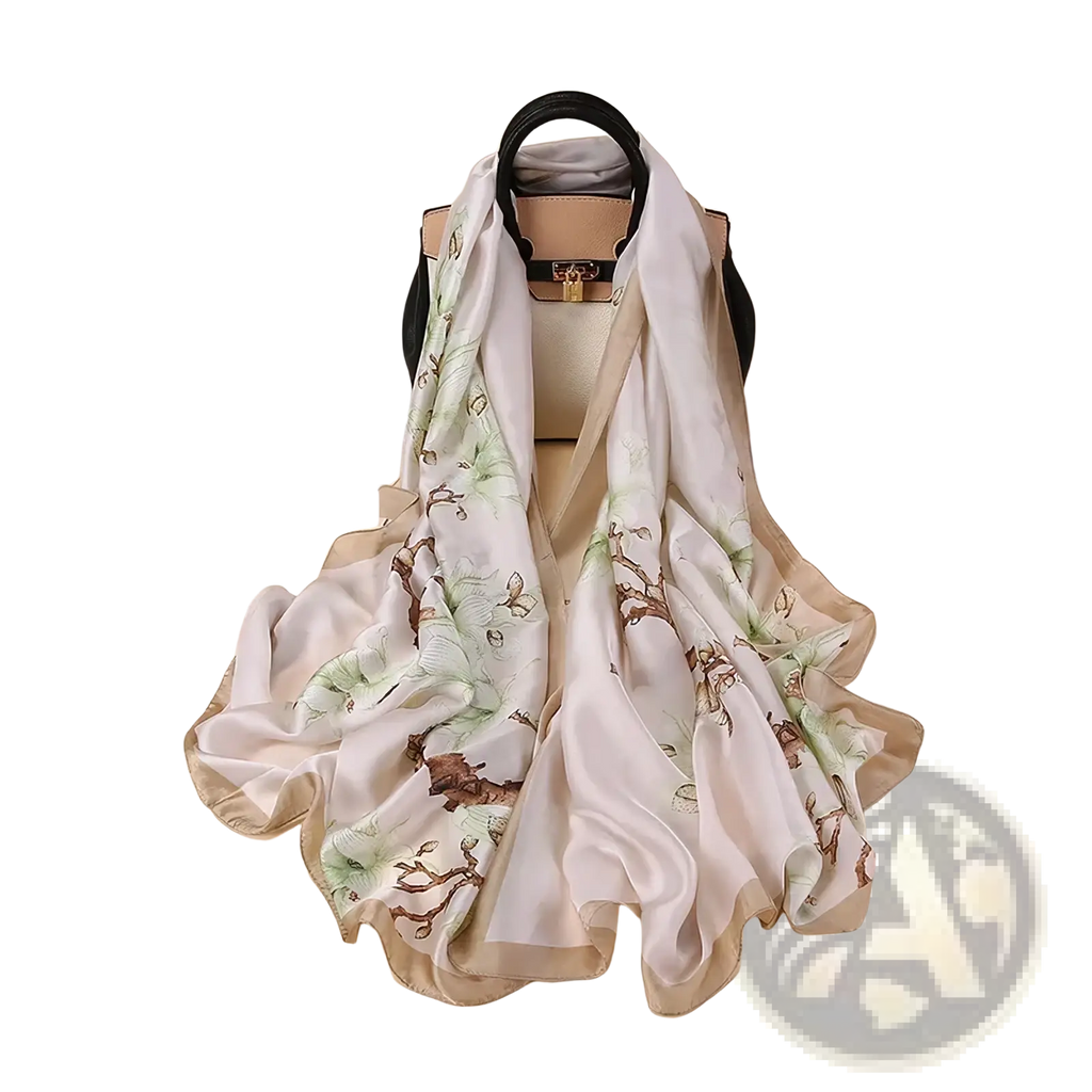 A cream silk van Gogh almond blossom scarf with green leaves and brown branches draped over a beige handbag
