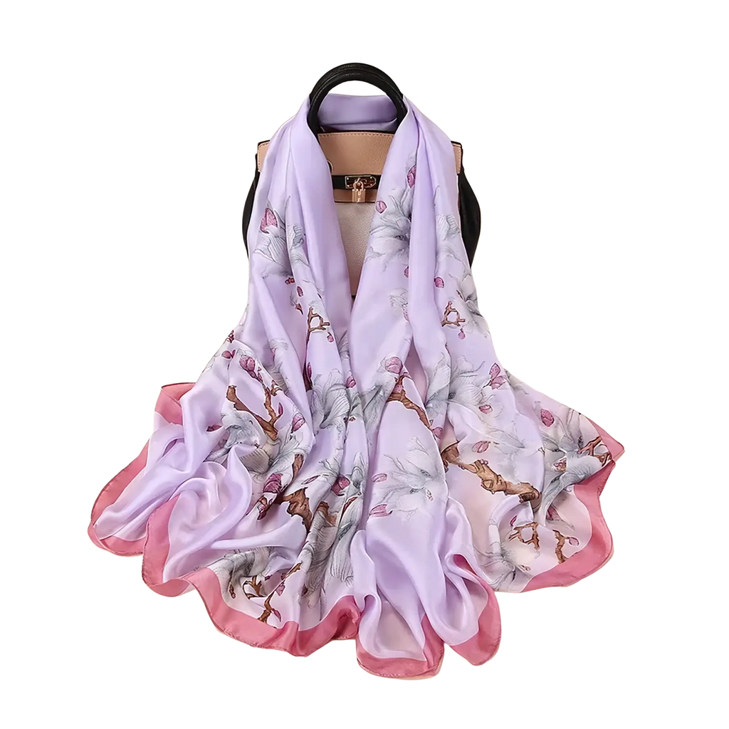 A delicate lavender silk scarf with subtle floral pattern and pink satin trim inspired by Van Gogh almond blossom