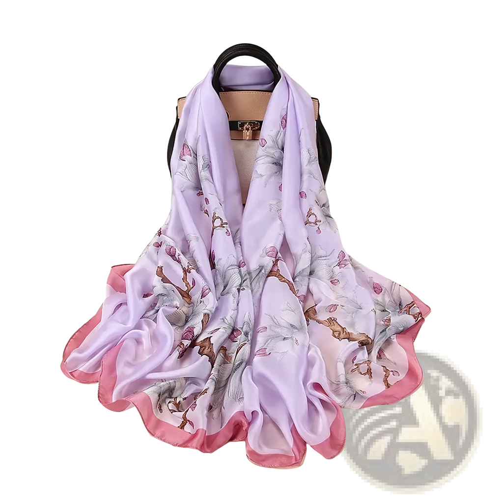 A delicate lavender van gogh almond blossom silk scarf shawl with floral pattern and pink satin trim