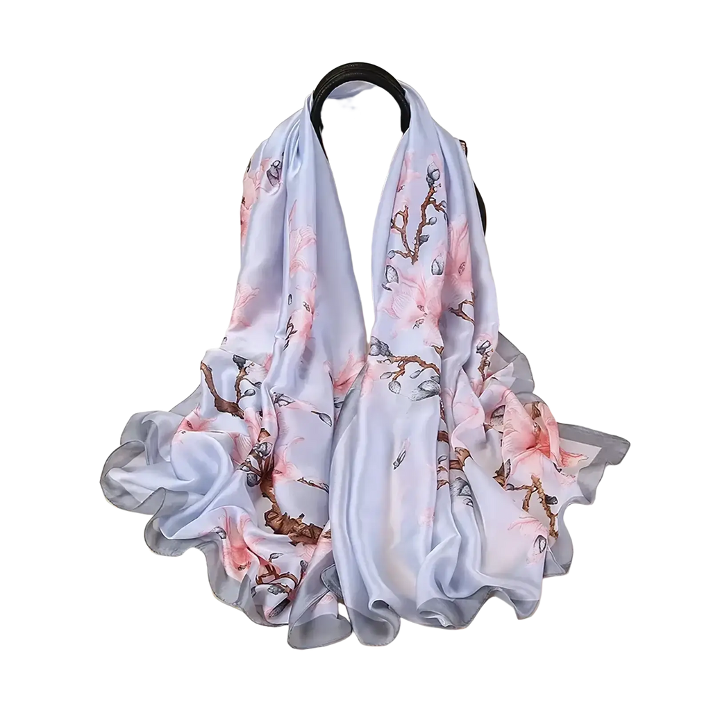 Van gogh almond blossom silk scarf in light blue with soft pink cherry blossom and brown branch pattern