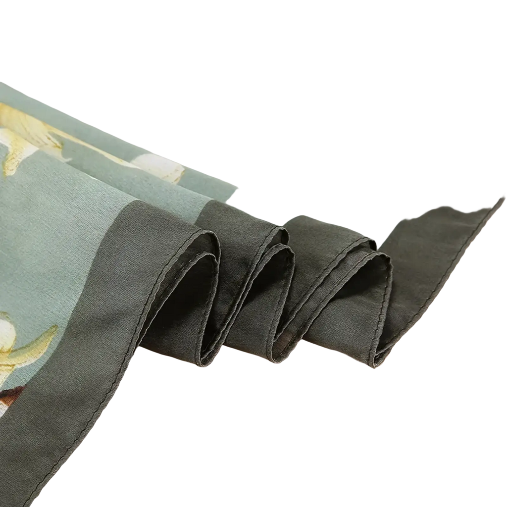 Van Gogh almond blossom silk scarf shawl in delicate mint green with subtle floral pattern and dark gray satin border