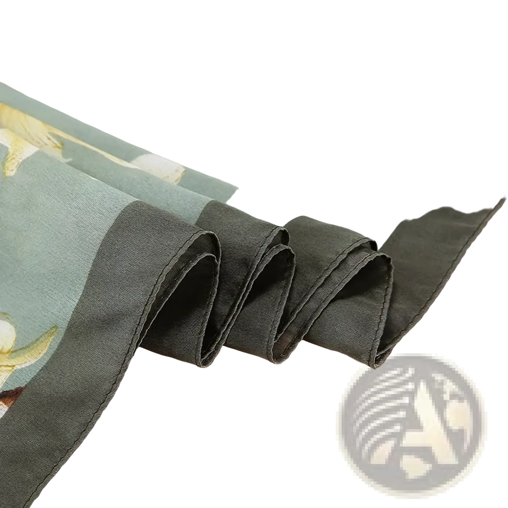 Van gogh almond blossom silk scarf shawl in mint green with floral pattern and dark gray satin border
