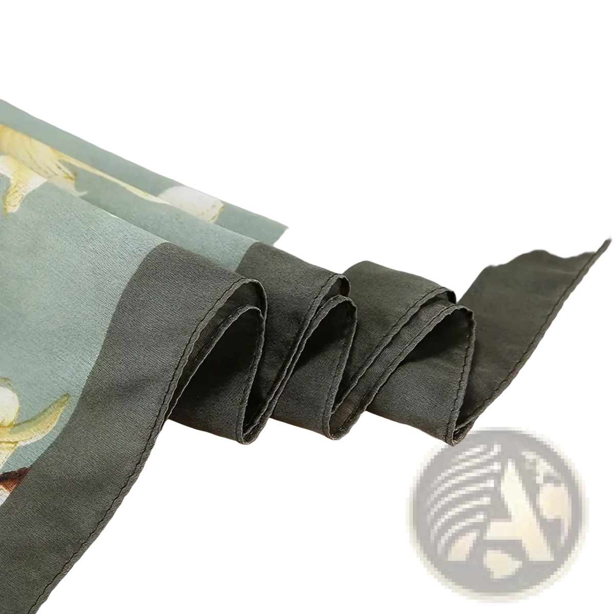 Van gogh almond blossom silk scarf shawl in mint green with floral pattern and dark gray satin border