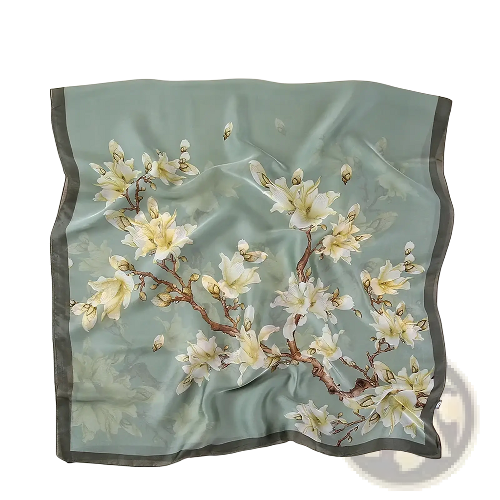 A delicate mint green silk Van Gogh almond blossom scarf with white blossoms brown branches and dark gray border