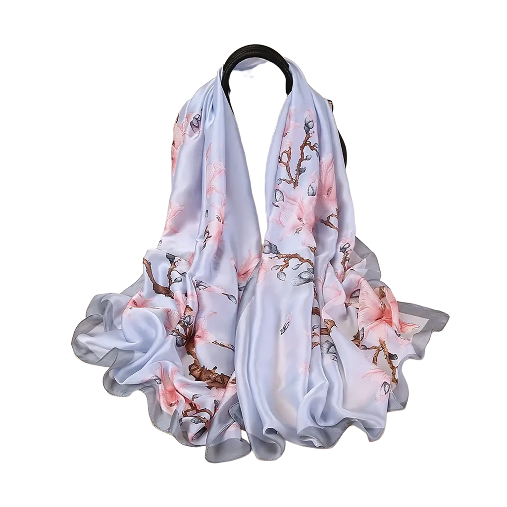Light blue silk scarf with delicate pink cherry blossom and brown branch pattern inspired by van gogh almond blossom
