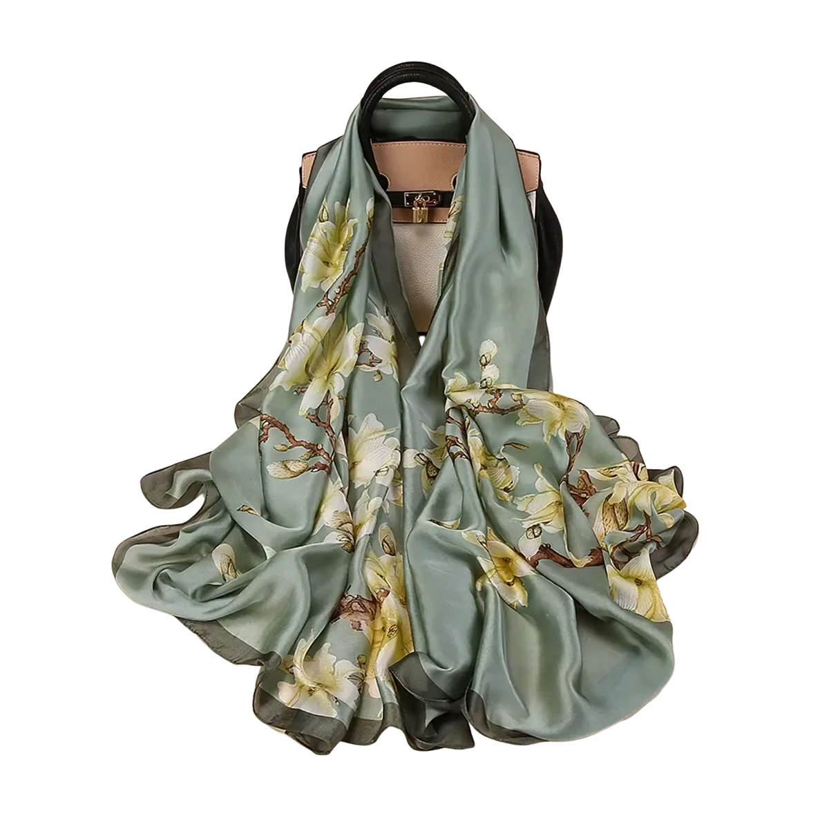 Van gogh almond blossom silk scarf shawl in soft sage green with delicate white and yellow floral pattern on dark branches