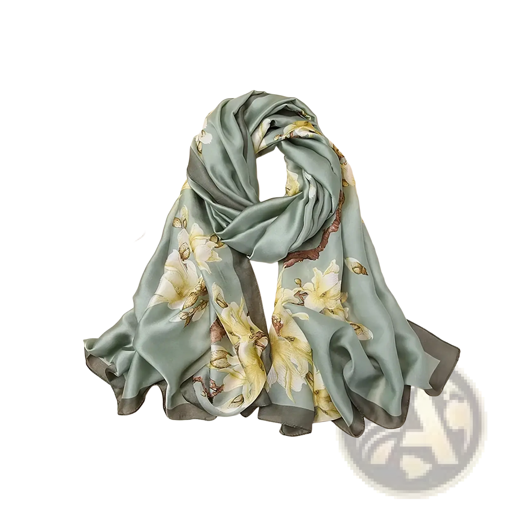 A soft sage green silk scarf with delicate yellow and brown floral patterns inspired by Van Gogh Almond Blossom