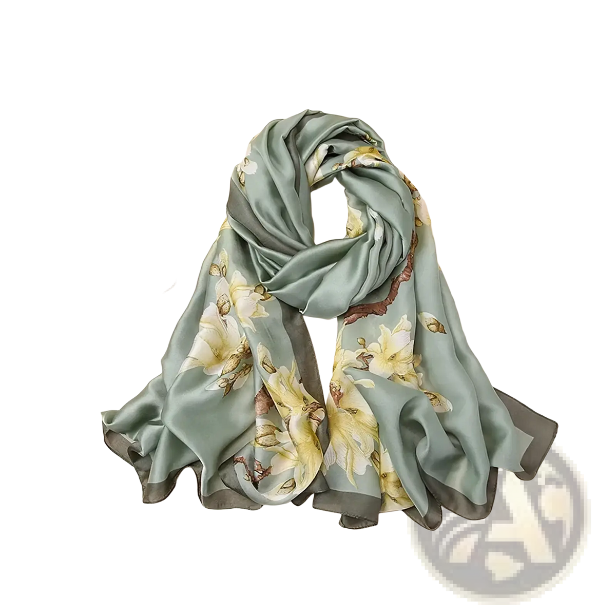 A soft sage green silk scarf with delicate yellow and brown floral patterns inspired by Van Gogh Almond Blossom