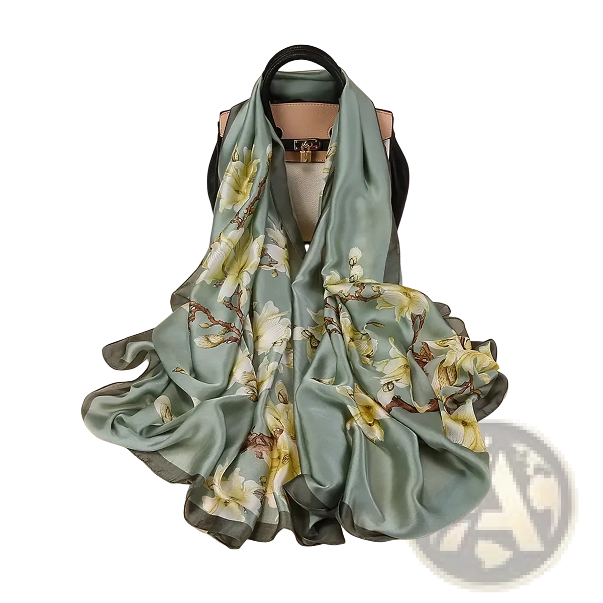 A soft sage green van gogh almond blossom silk scarf shawl with white yellow floral pattern on dark brown branches