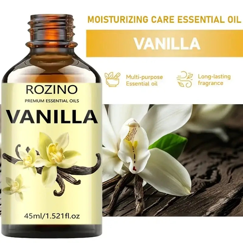 A 45ml amber glass bottle of rozino premium vanilla essential oil with yellow label for skin care and massage