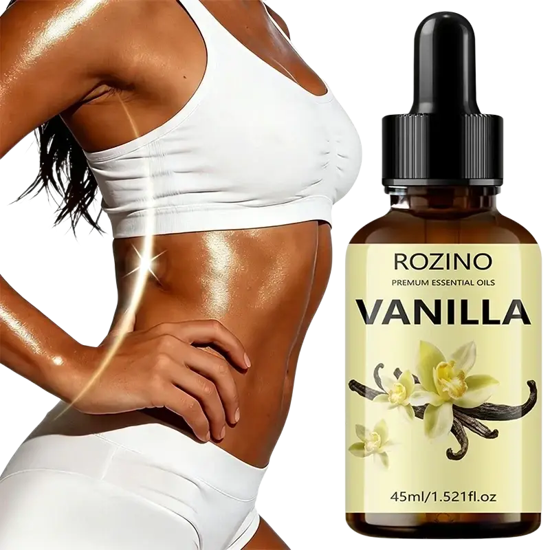 A 45ml amber glass bottle of Rozino vanilla essential oil with black dropper cap for skin care and massage