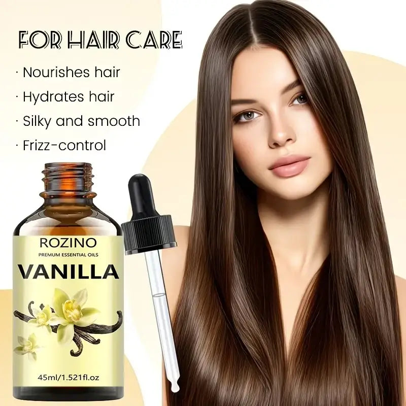 A bottle of Rozino vanilla essential oil in dark amber glass with black dropper for skin care and massage use