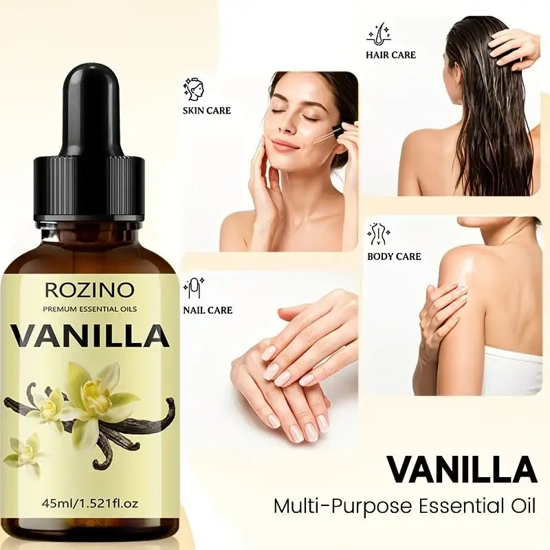 A dark amber glass bottle of rozino premium vanilla essential oil for skin care and massage with a black dropper cap