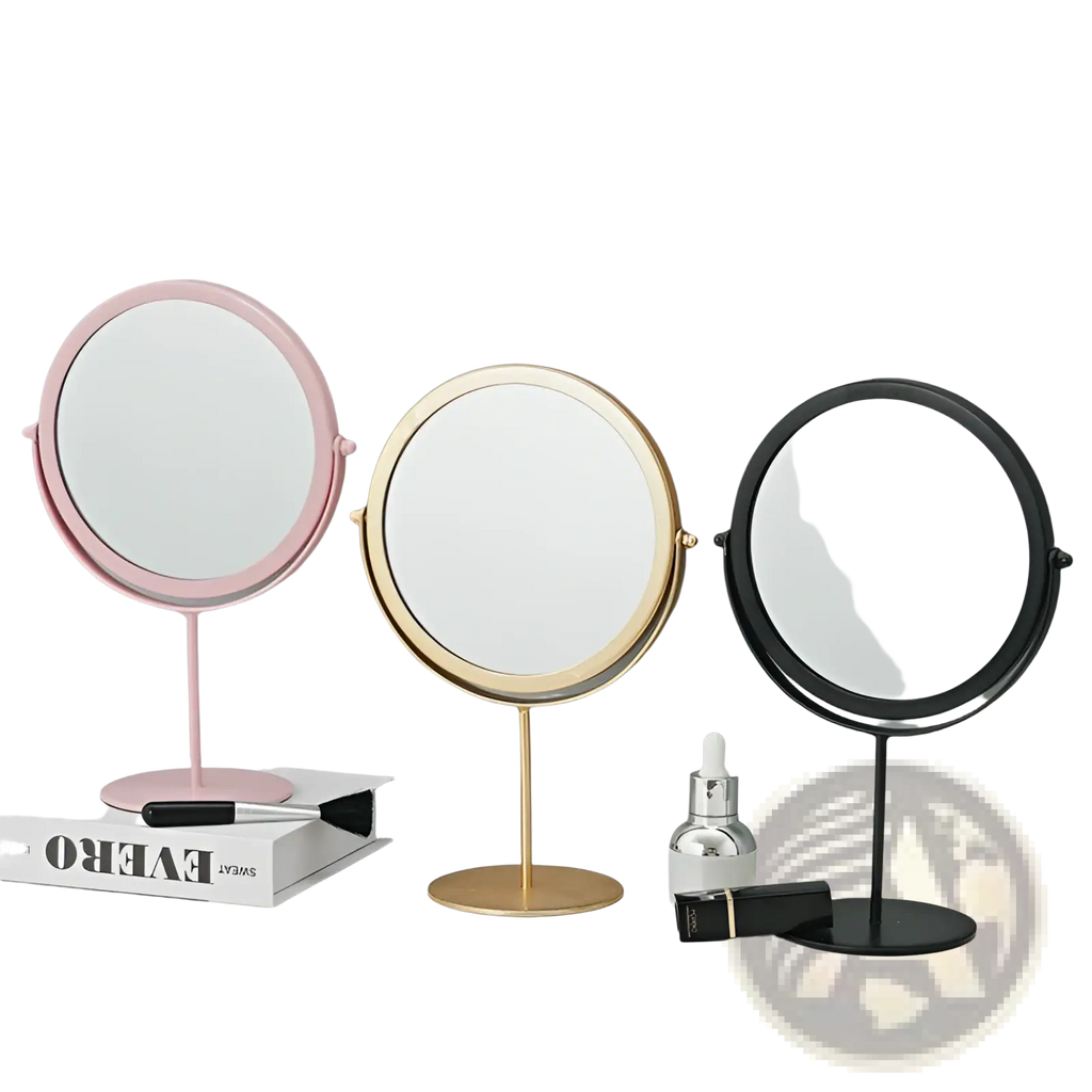 Vanity mirror round metal frame makeup desk mirror featuring three round mirrors with slender stands in pink gold and black