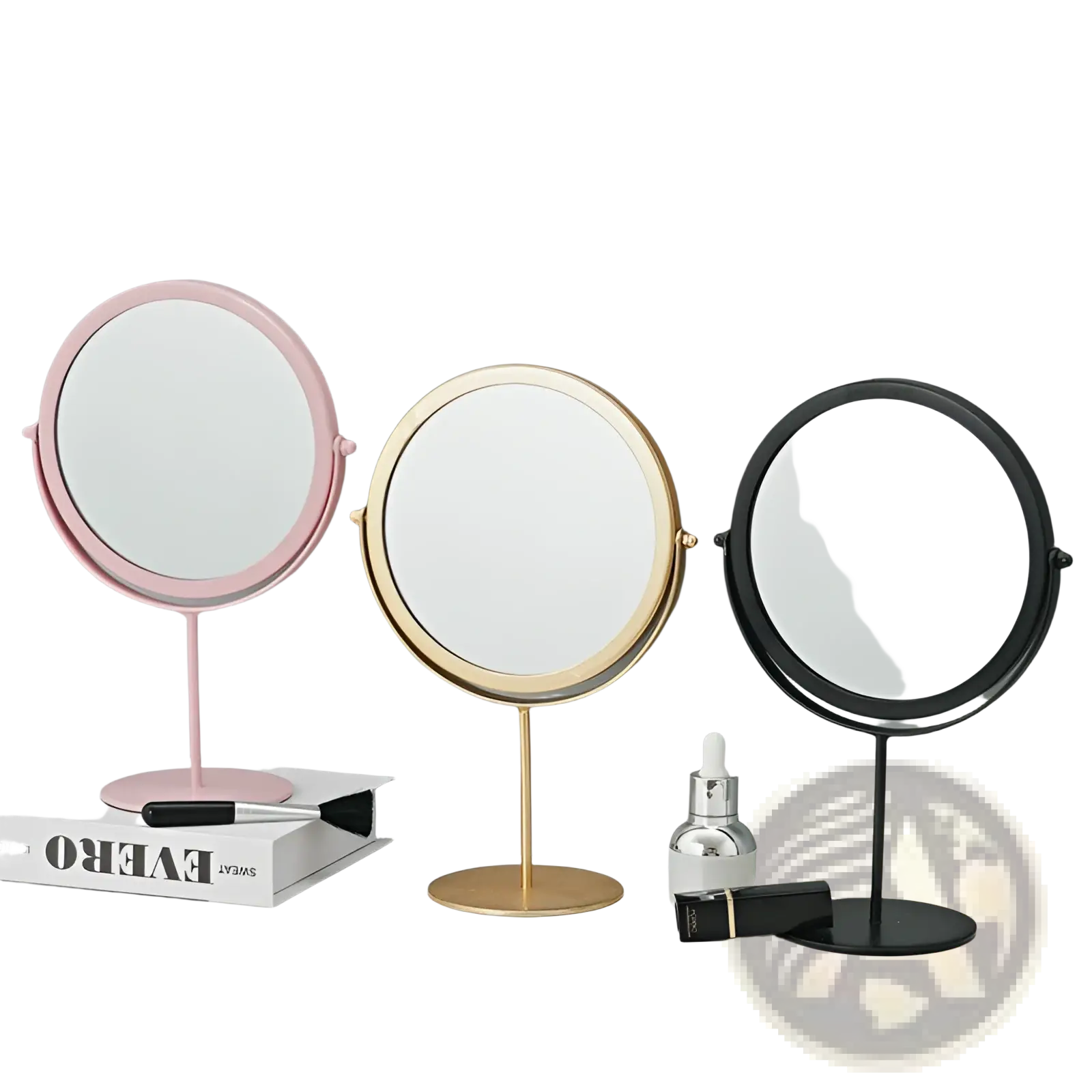 Vanity mirror round metal frame makeup desk mirror featuring three round mirrors with slender stands in pink gold and black