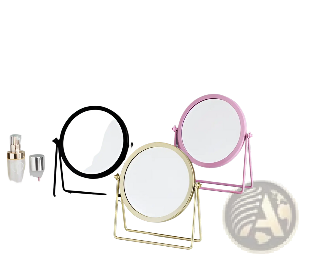 Vanity mirror round metal frame makeup desk mirrors in black pink and gold tones on a white surface