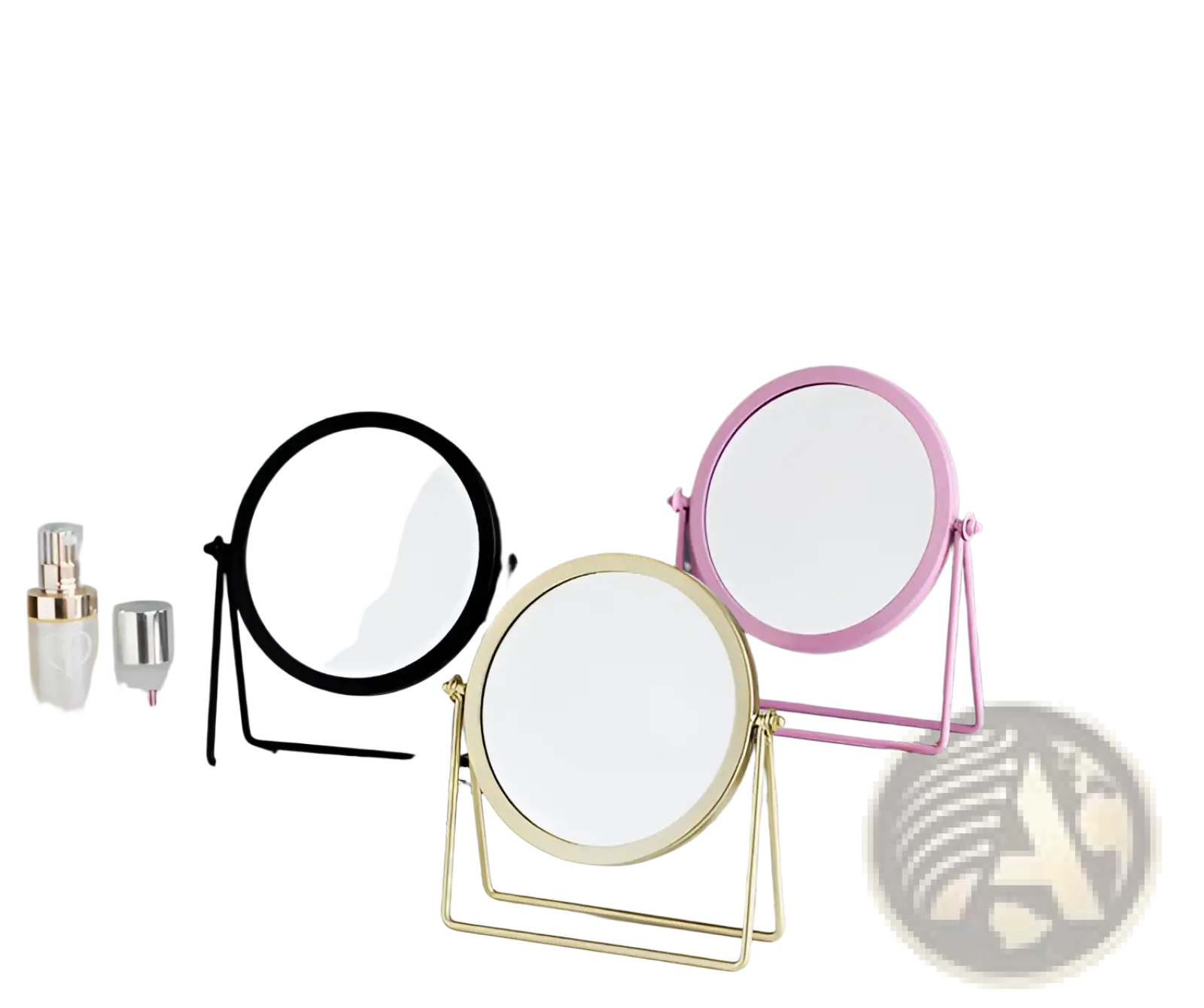 Vanity mirror round metal frame makeup desk mirrors in black pink and gold tones on a white surface