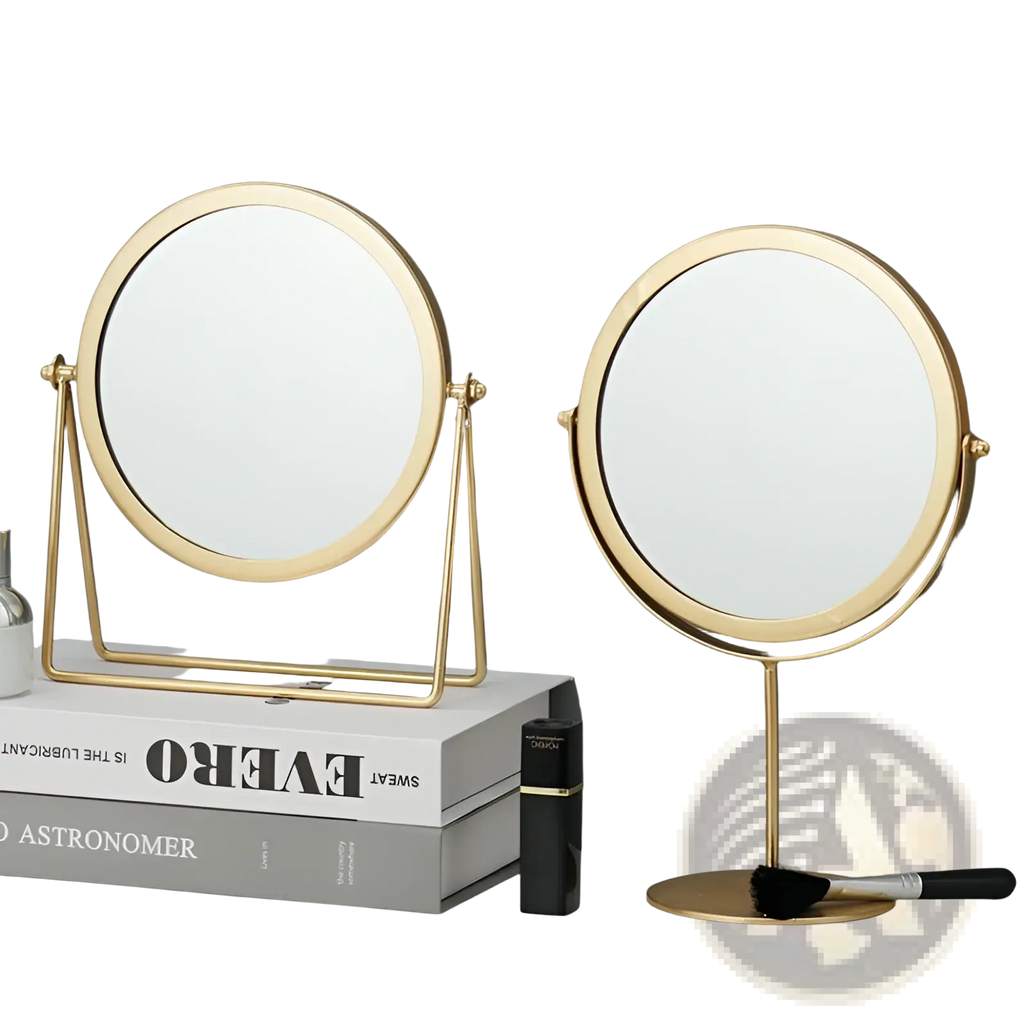 Two elegant gold-finished round metal frame vanity mirrors with sleek minimalist design for makeup desk use