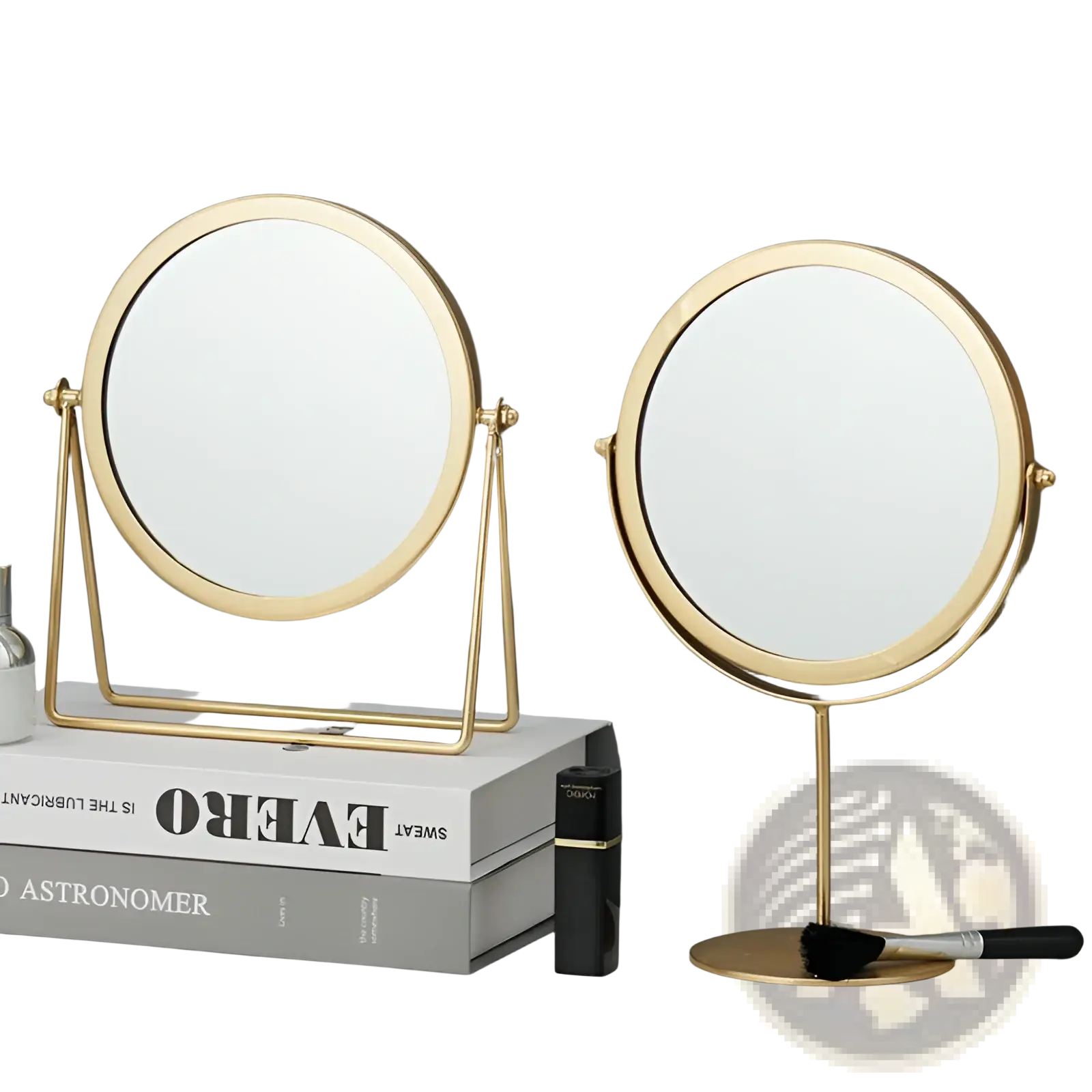 Two elegant gold-finished round metal frame vanity mirrors with sleek minimalist design for makeup desk use