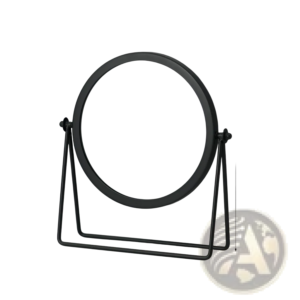 Black round vanity mirror with minimalist metal frame and stand designed for makeup and desk use