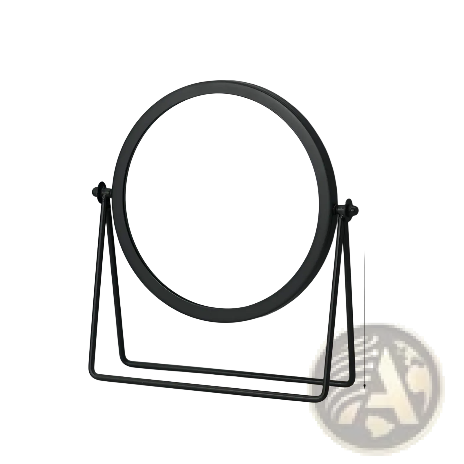 Black round vanity mirror with minimalist metal frame and stand designed for makeup and desk use