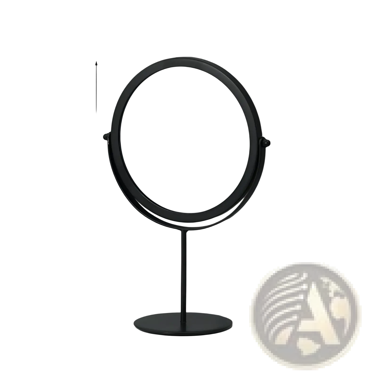 Black round vanity mirror with sleek metal frame and stand for makeup desk use