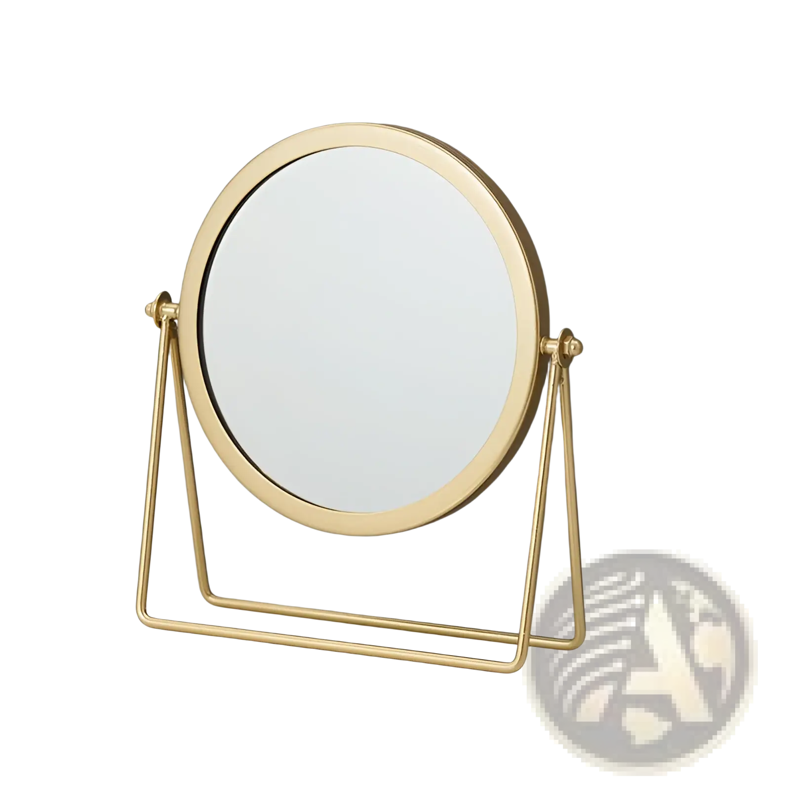 Gold-finished round metal frame vanity mirror with a minimalist triangular stand for makeup desk use