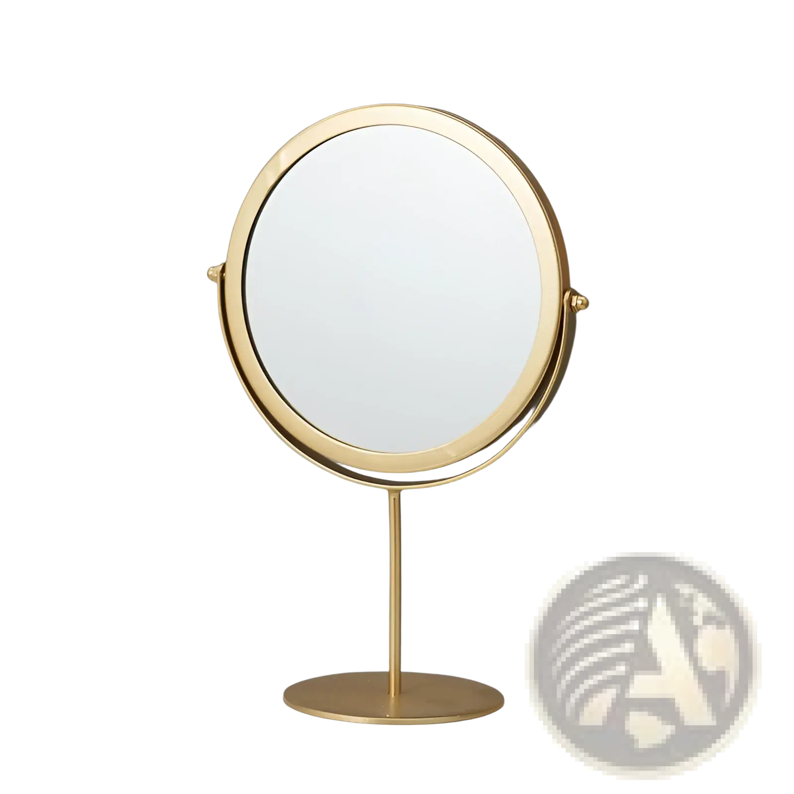 Gold-finished round vanity mirror with sleek metallic frame and stand for makeup desk use