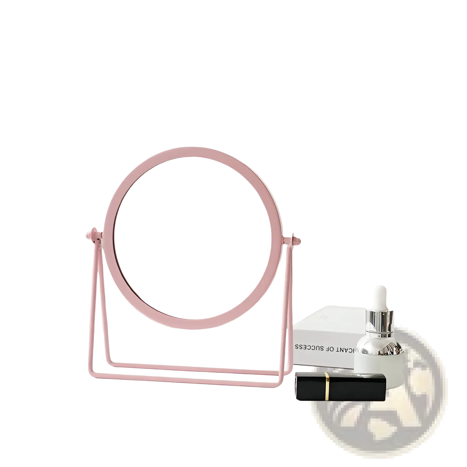 Pink metal vanity mirror with circular frame and stand for makeup desk use