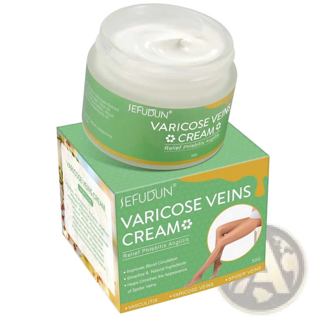 Green and yellow packaged sefudun varicose vein relief cream in a clear jar with white cream for leg pain and swelling