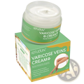 Green and yellow packaged sefudun varicose vein relief cream in a clear jar with white cream for leg pain and swelling