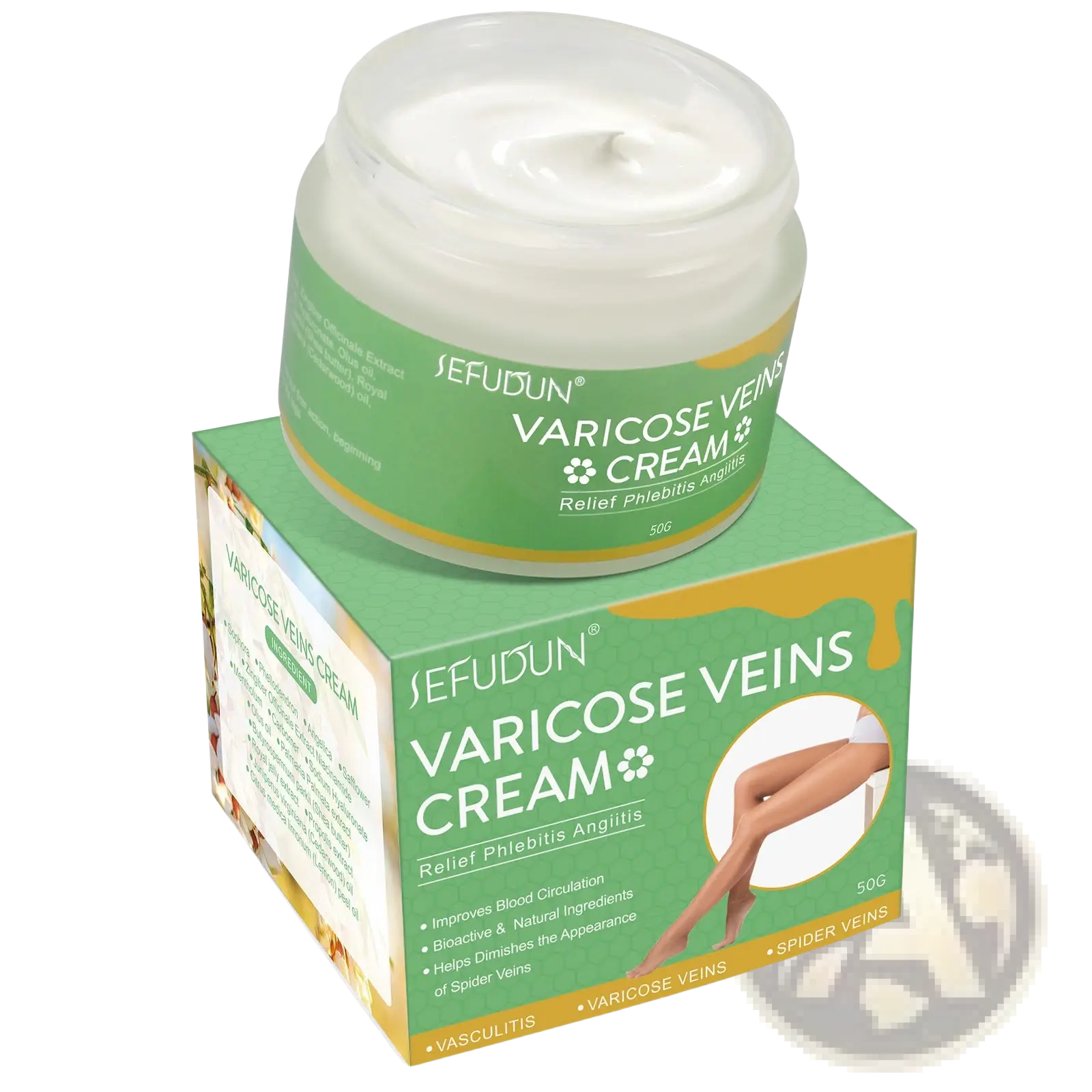 Green and yellow packaged sefudun varicose vein relief cream in a clear jar with white cream for leg pain and swelling