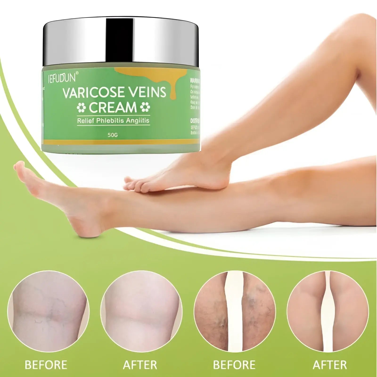 Green and silver jar of jefudun varicose vein relief cream for leg pain and swelling 50g shown from the back side
