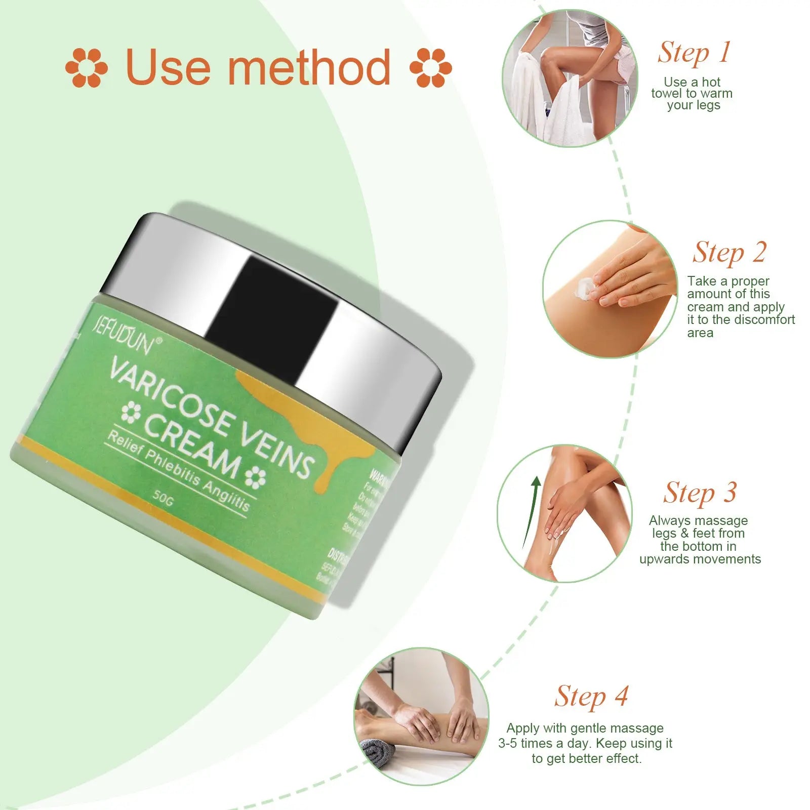 Green and yellow labeled jar of ferudun varicose vein relief cream with silver lid for leg pain and swelling