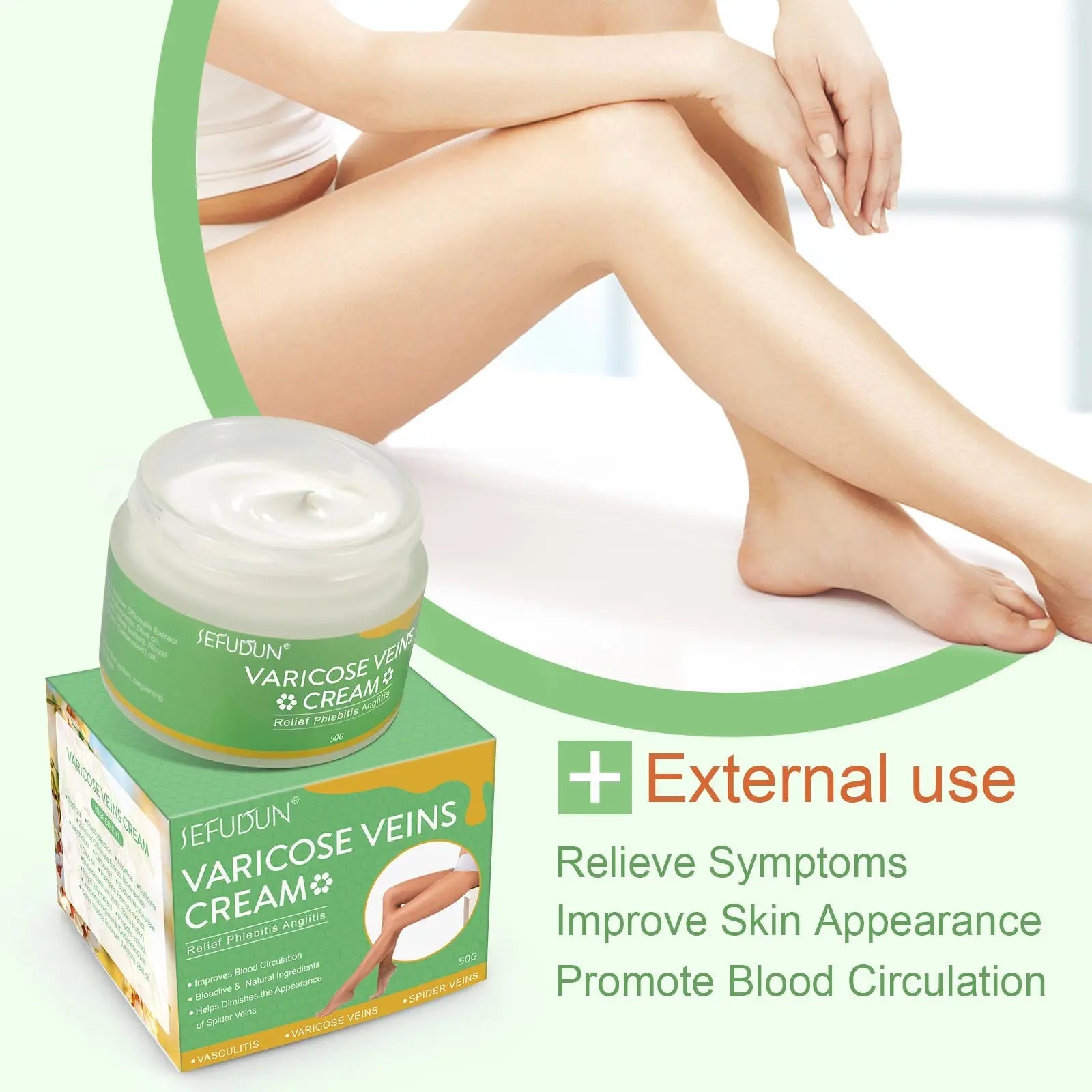 Green and white jefudun varicose vein relief cream jar with matching box for leg pain swelling and skin improvement