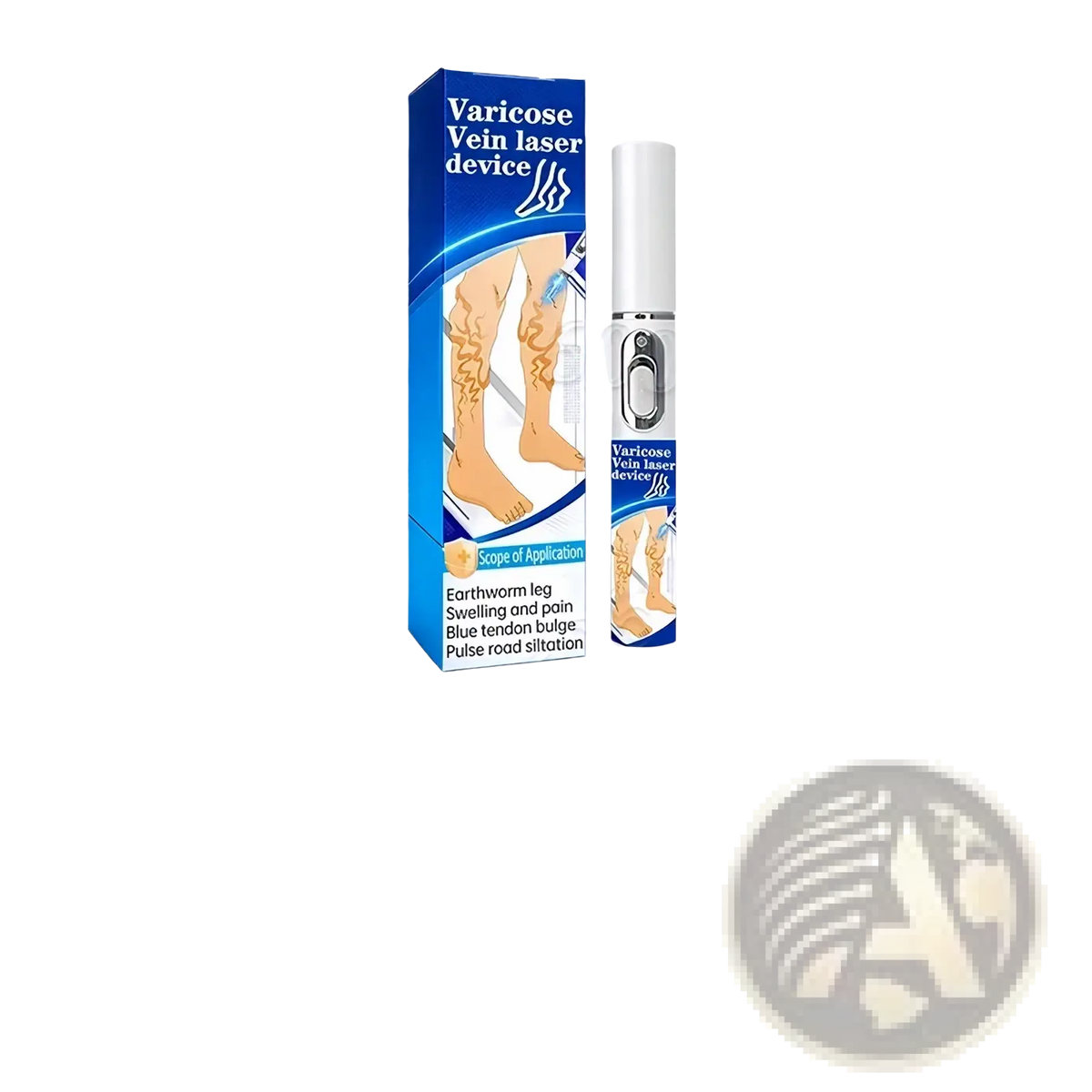 White cylindrical varicose vein relief device with silver button and blue packaging for leg treatment
