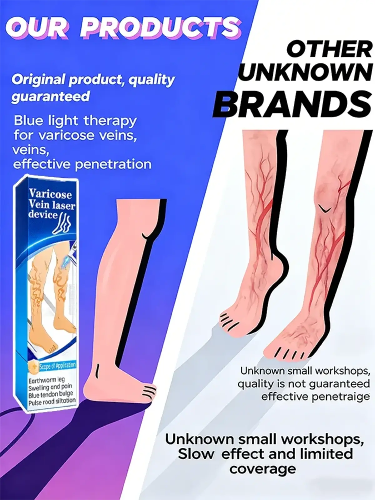 Blue light therapy device for varicose veins in white and blue box with leg illustration for varicose vein relief