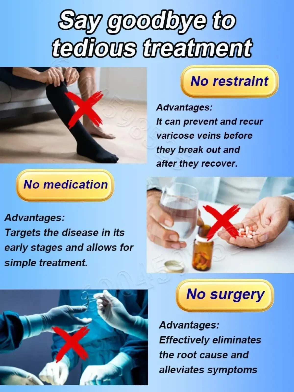 Blue promotional graphic advertising a non-invasive varicose vein relief device for legs designed for comfortable use