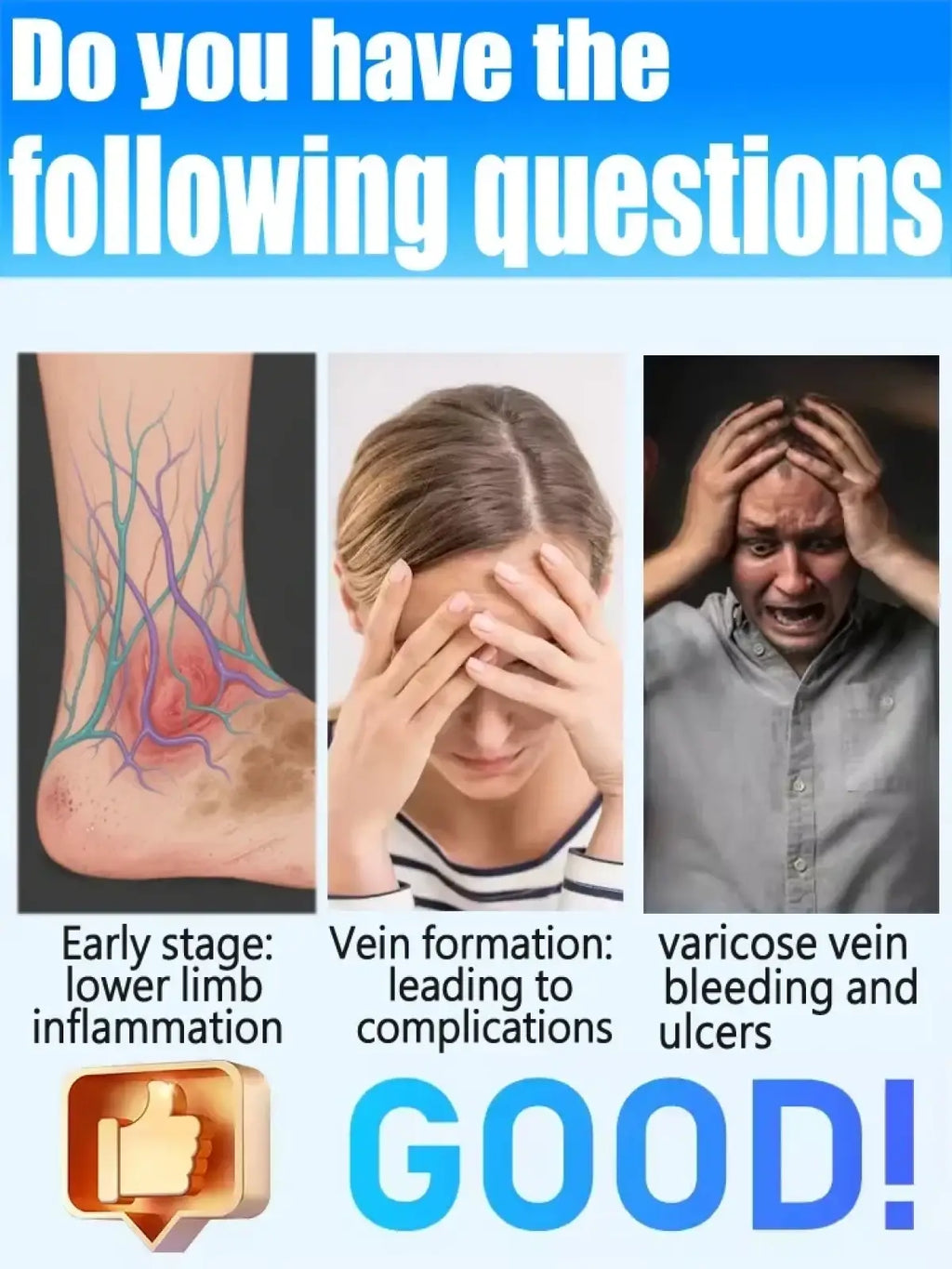 Blue and white medical graphic showing early-stage leg inflammation vein formation and varicose vein complications for varicose vein relief device