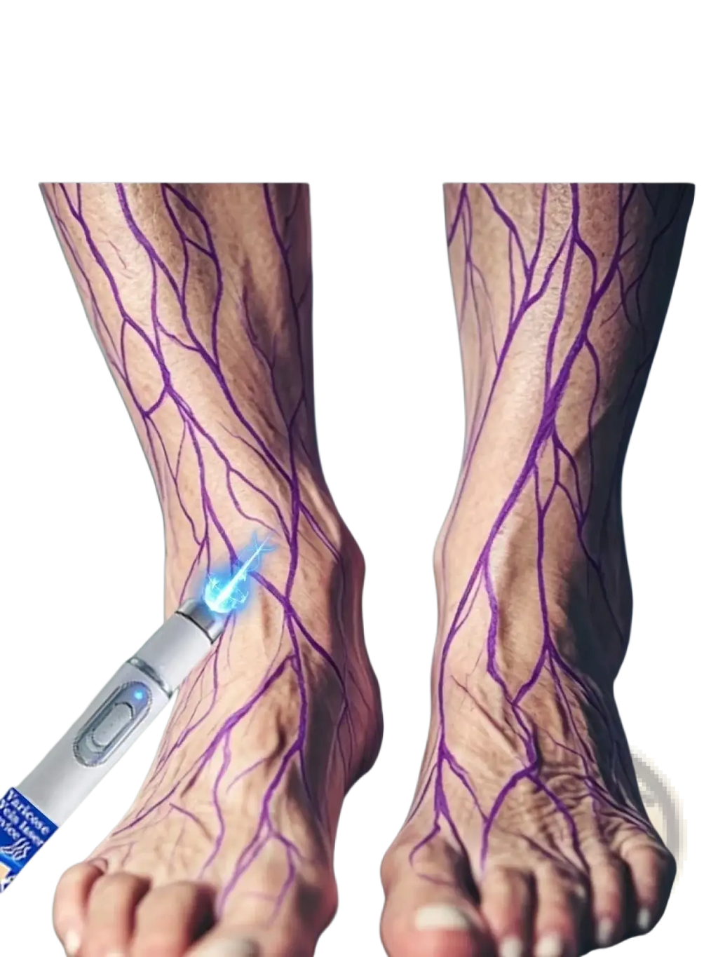 Silver and blue handheld varicose vein relief device with glowing tip for leg vein reduction therapy